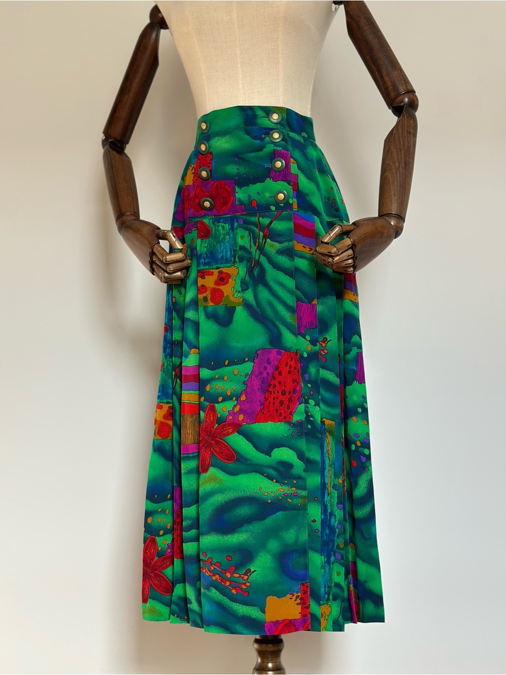 Vintage Silk Midi Skirt Art Print Pleated High Waist Colorful